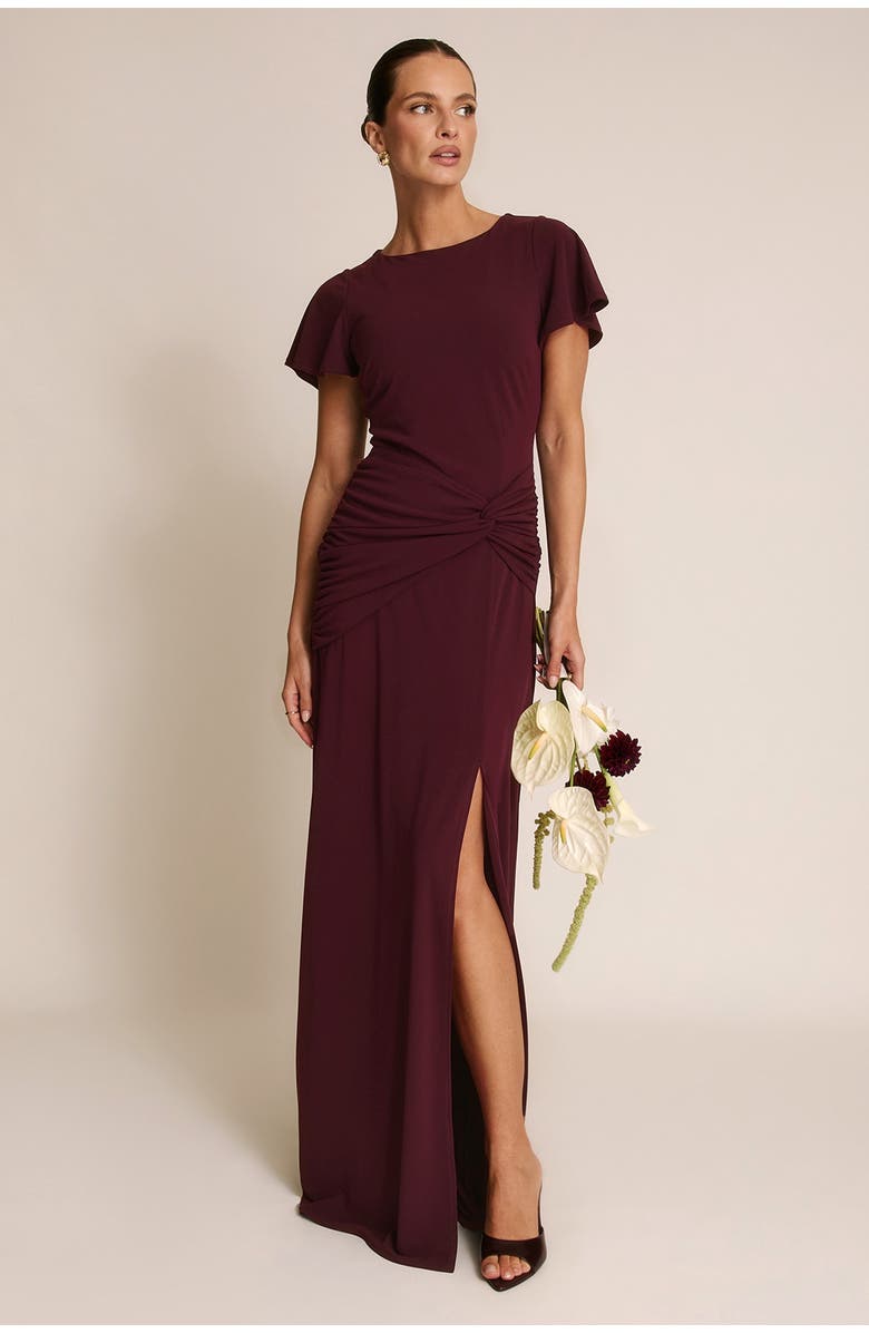 Six Stories Knot Panel Flutter Sleeve Maxi Dress, Main, color, Merlot