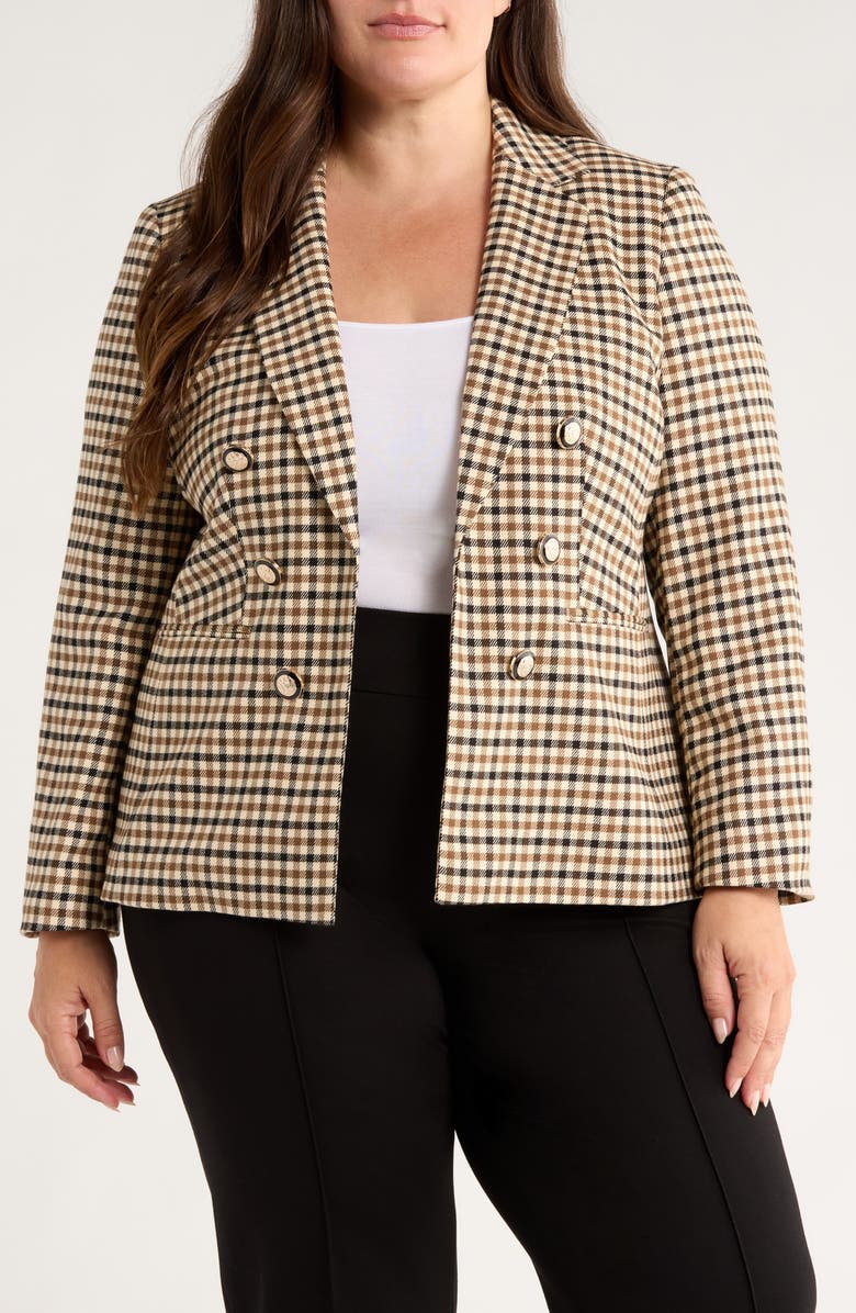 Jones New York Check Faux Double Breasted Blazer, Main, color, Caramel Multi