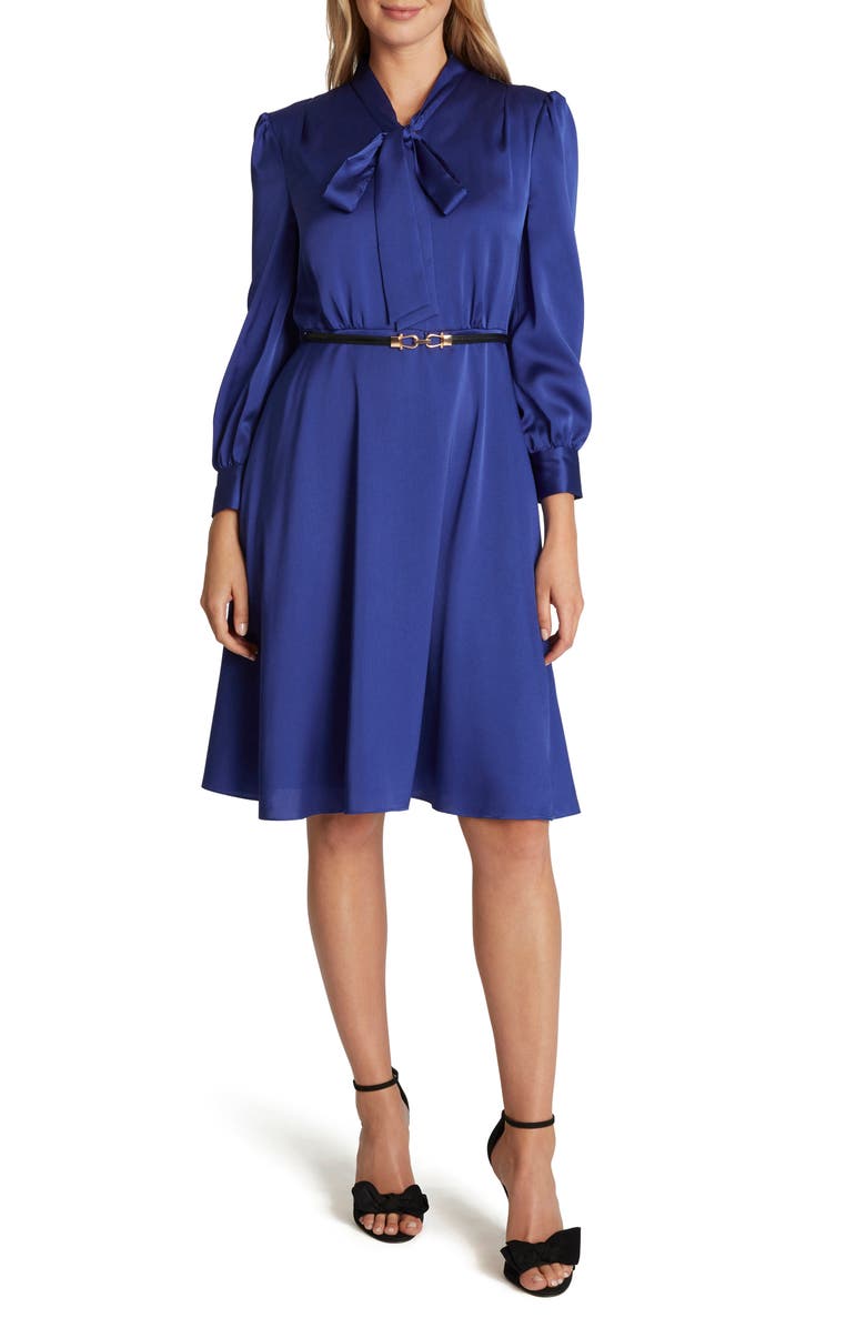Tahari Tie Neck Long Sleeve Chiffon Dress, Main, color, 