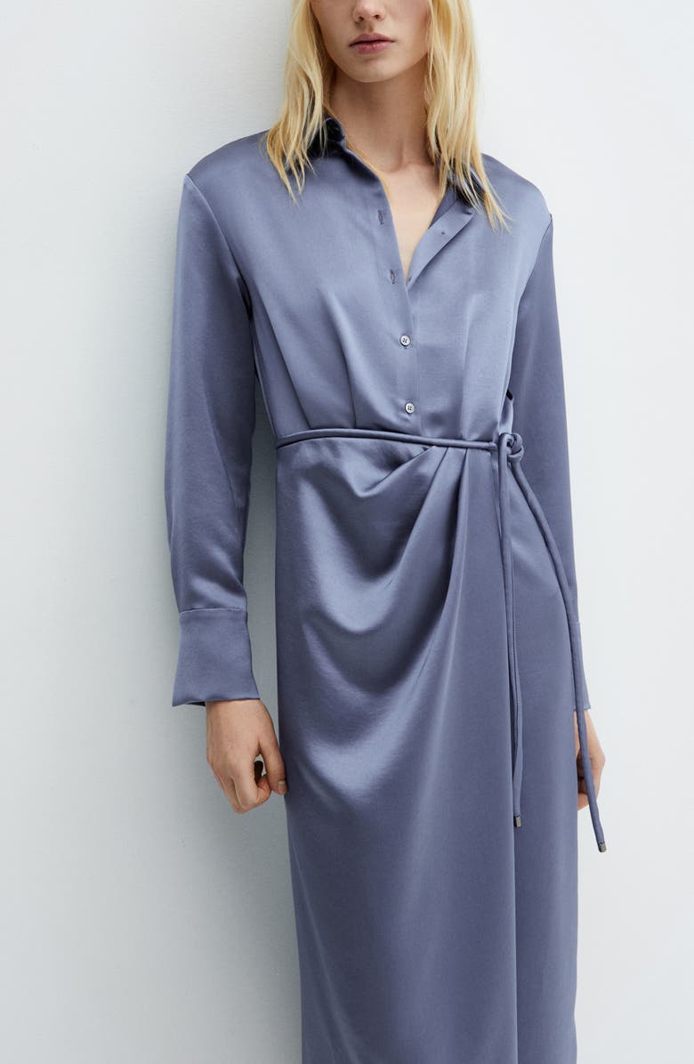 MANGO Long Sleeve Satin Midi Shirtdress, Alternate, color, 