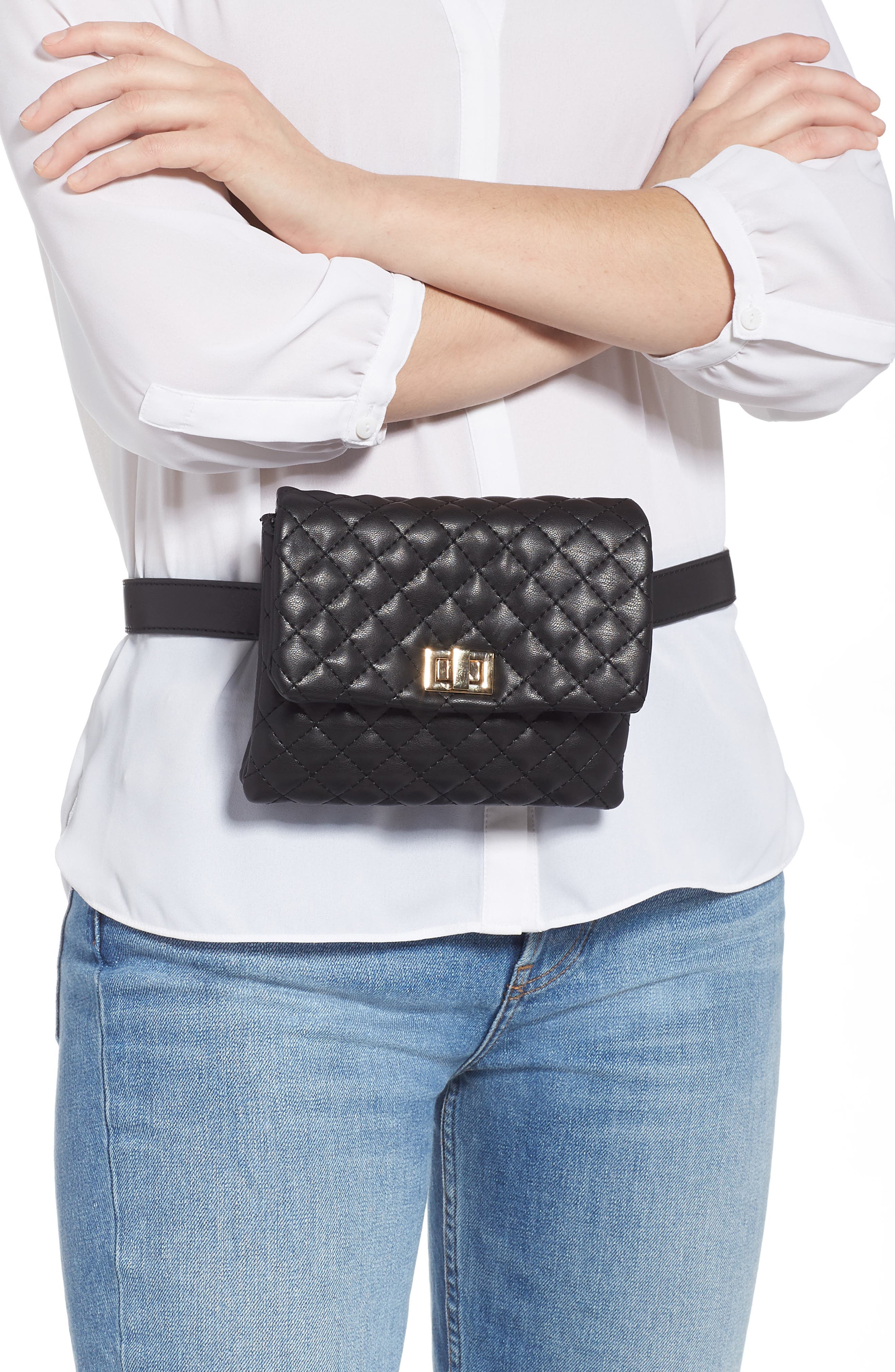Quilted Vegan Leather Belt Bag, Alternate, color, BLACK/ GOLD
