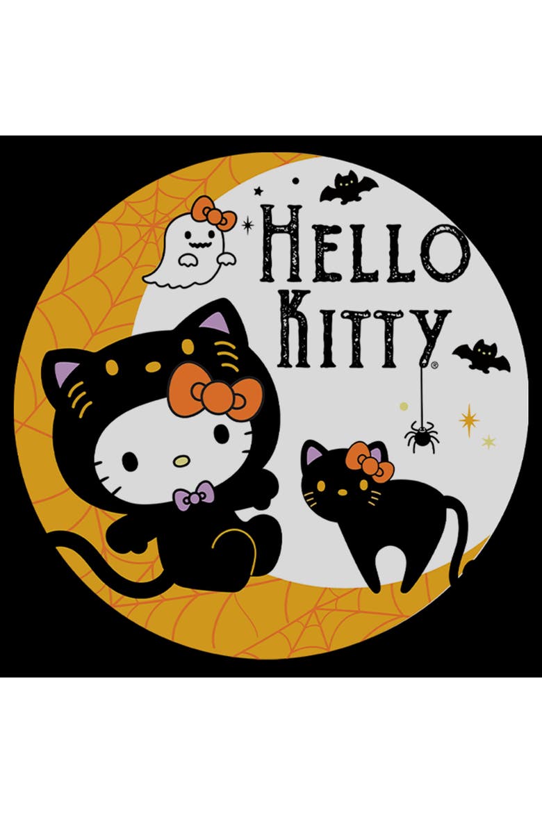 Junior's Hello Kitty Halloween Black Cat and Moon  Graphic T-Shirt, Alternate, color, Black