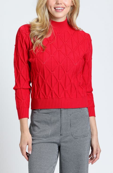 Diamond Cable Eyelet Mock Neck Sweater