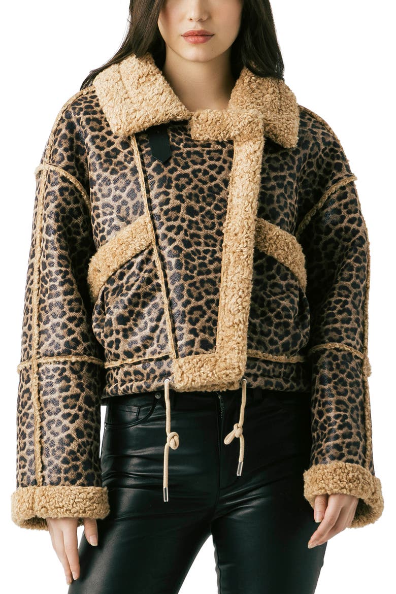 Bonded Leopard Print Faux Shearling Moto Jacket, Main, color, IN THE SHADOWS