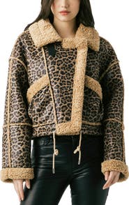 BLANKNYC Bonded Leopard Print Faux Shearling Moto Jacket