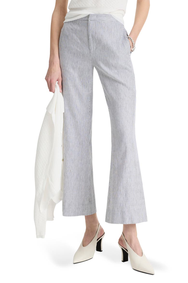 Ticking Stripe Crop Flare Linen & Cotton Pants, Main, color, IRIS SLATE/ OFF WHITE
