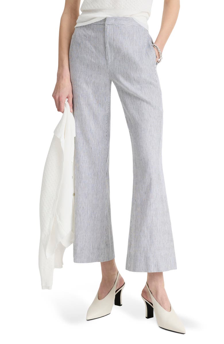 Vince Ticking Stripe Crop Flare Linen & Cotton Pants, Main, color, Iris Slate/ Off White