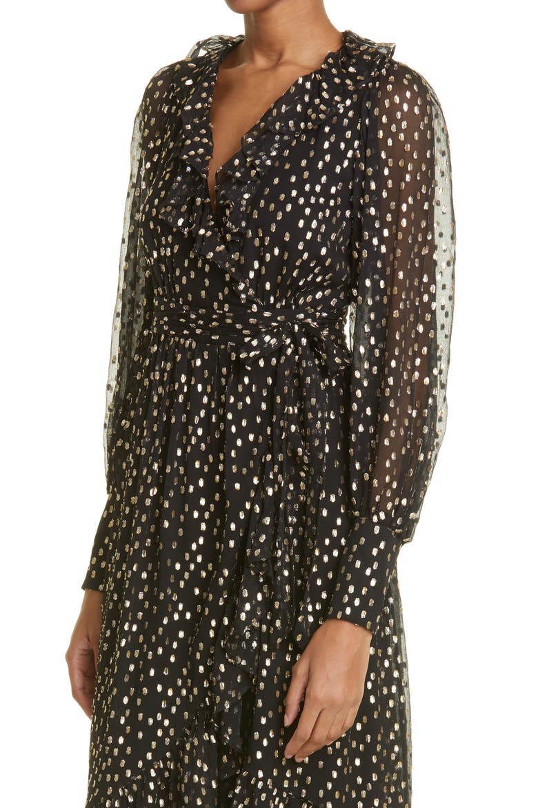 Ruffle Long Sleeve Silk Blend Fil Coupé Wrap Dress, Alternate, color, BLACK