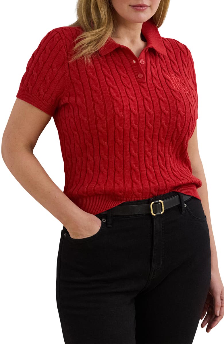 Lauren Ralph Lauren Short Sleeve Cable Knit Cotton Polo Sweater, Main, color, Madison Red