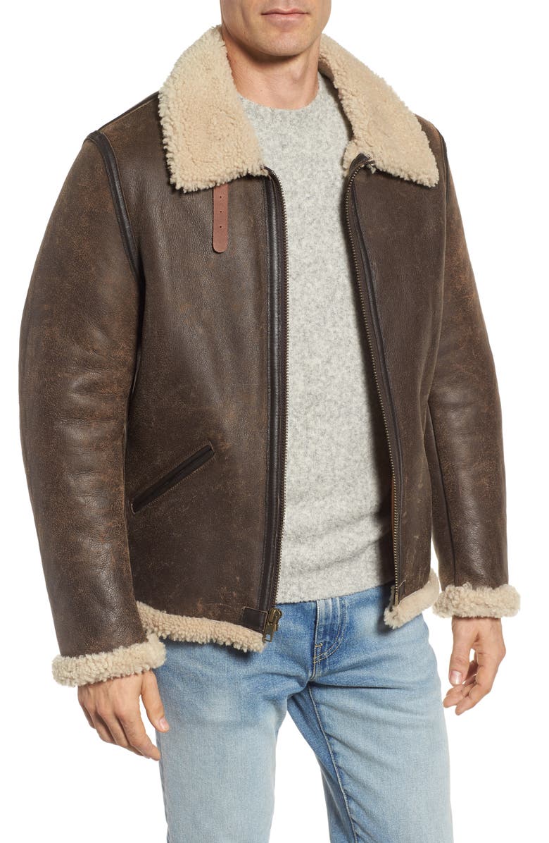 Schott NYC Genuine Shearling Vintage B-6 Bomber Jacket, Main, color,