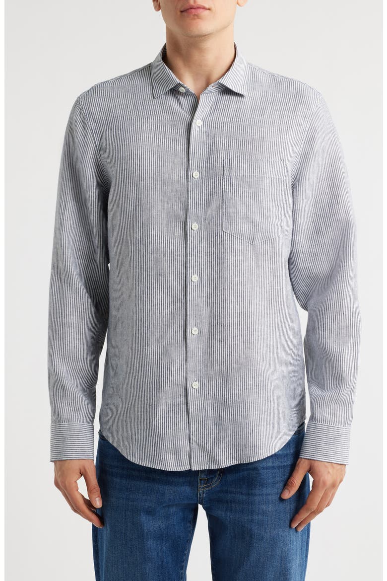 Stripe Long Sleeve Linen Woven Button-Up Shirt, Main, color, WHITE- NAVY SINGLE STRIPE
