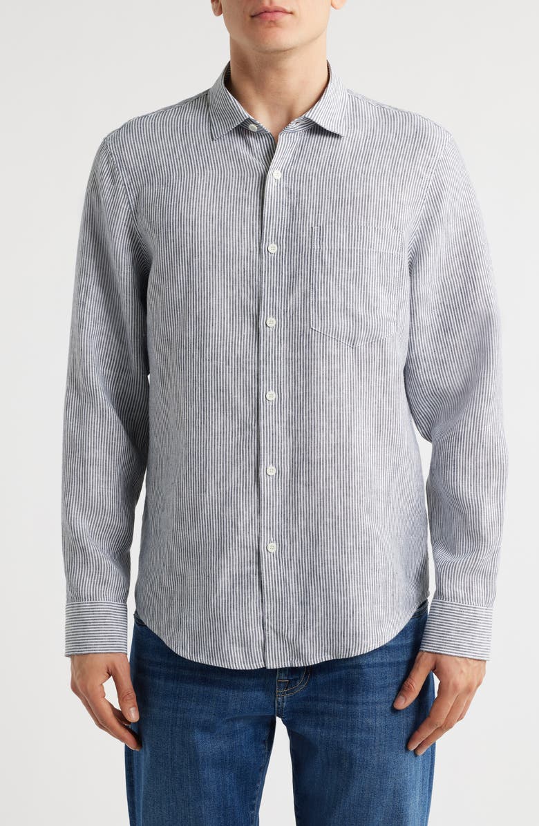Nordstrom Stripe Long Sleeve Linen Woven Button-Up Shirt, Main, color, White- Navy Single Stripe