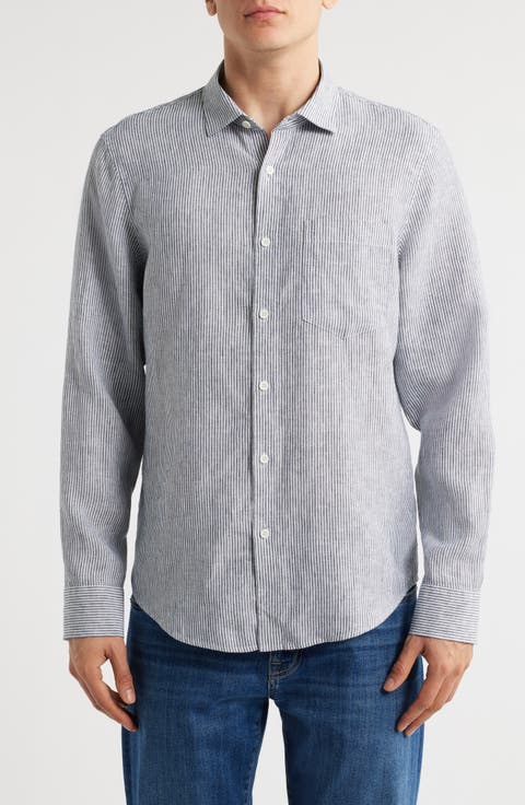 Stripe Long Sleeve Linen Woven Button-Up Shirt