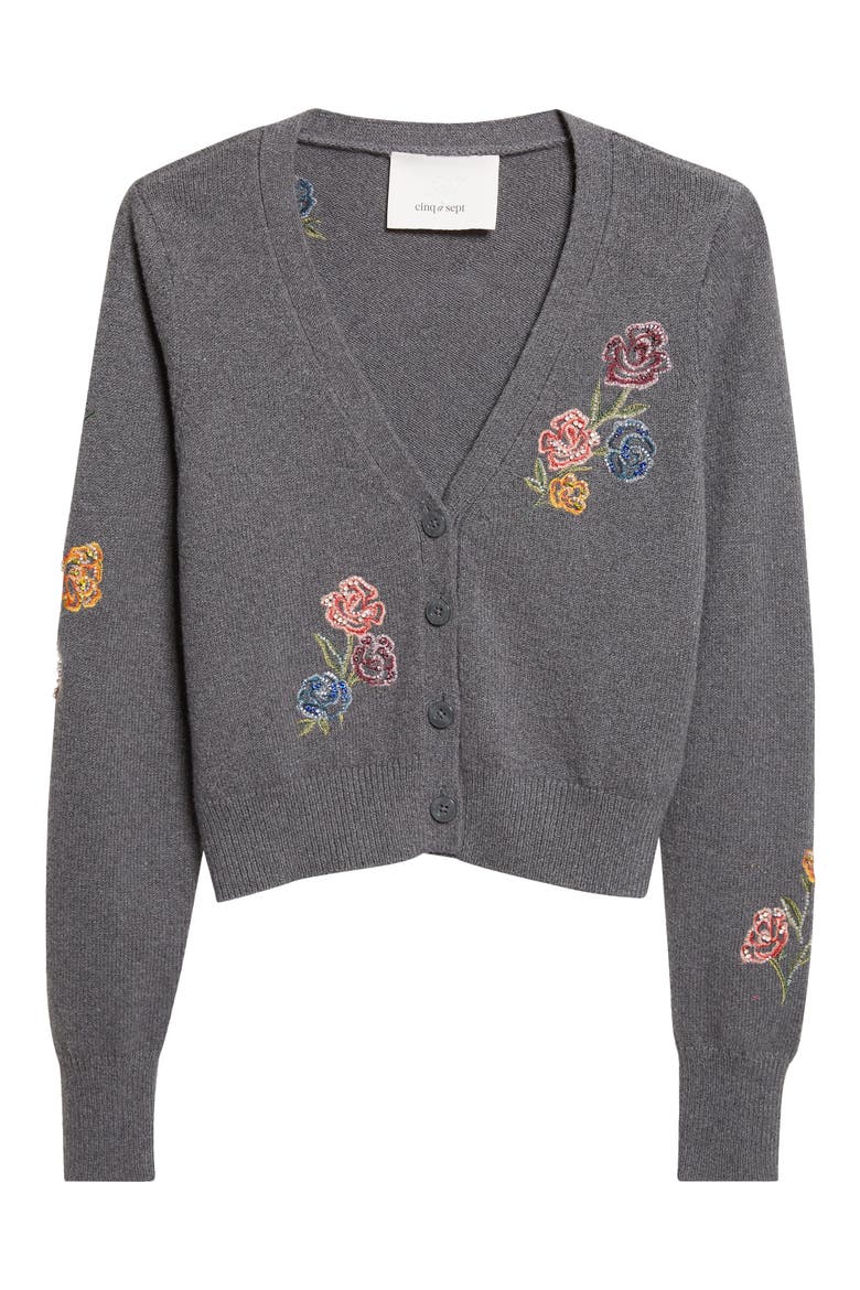 Nikko Floral Ribbons Cotton Blend Cardigan, Alternate, color, DARK GREY