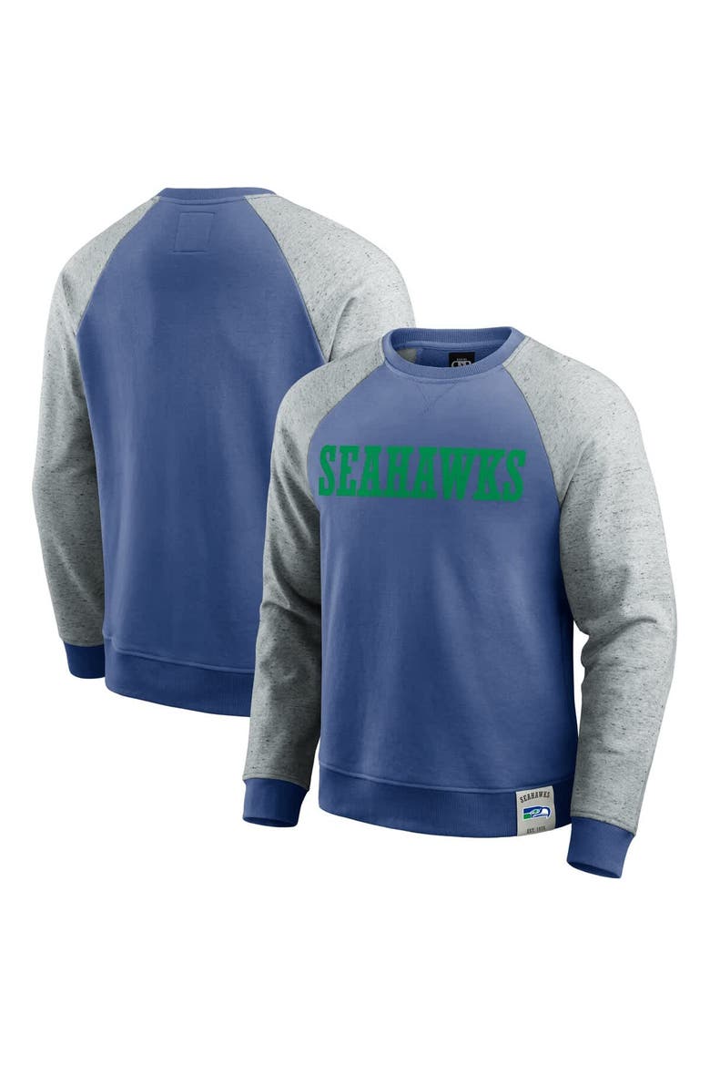 Men's Darius Rucker Collection by Fanatics Royal/Heather Gray Seattle Seahawks Throwback Color Block Raglan Pullover Sweatshirt, Main, color, Royal