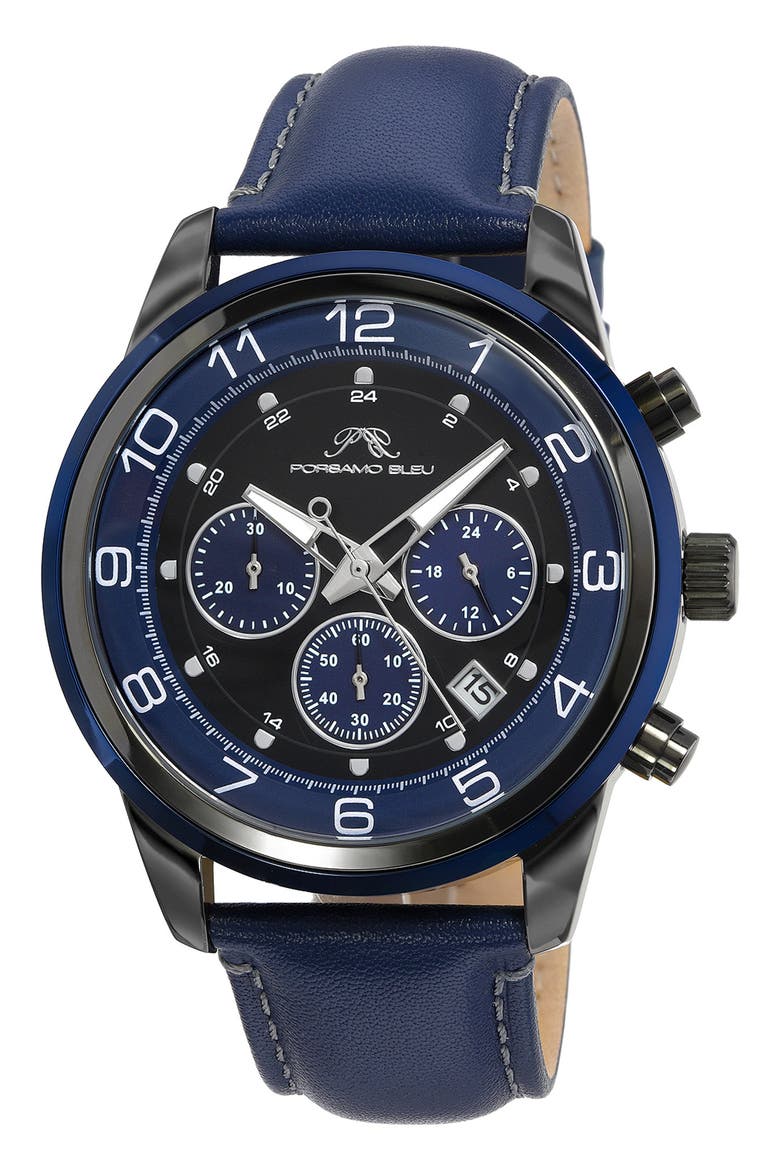 Men's Arthur Chronograph Leather Strap Watch, 44mm, Main, color, BLUE/GUNMETAL
