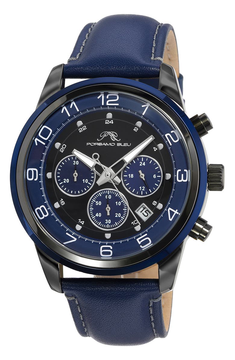 PORSAMO BLEU Men's Arthur Chronograph Leather Strap Watch, 44mm, Main, color, 