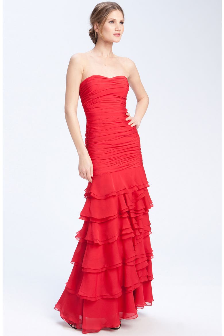 Ruched & Tiered Strapless Chiffon Gown, Main, color, SCARLET