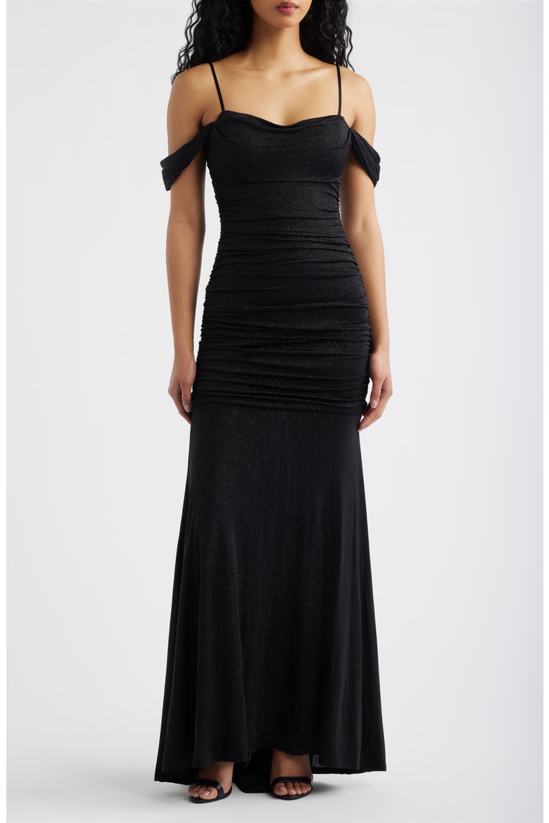 Glitter Cold Shoulder Gown, Main, color, BLACK / IVORY