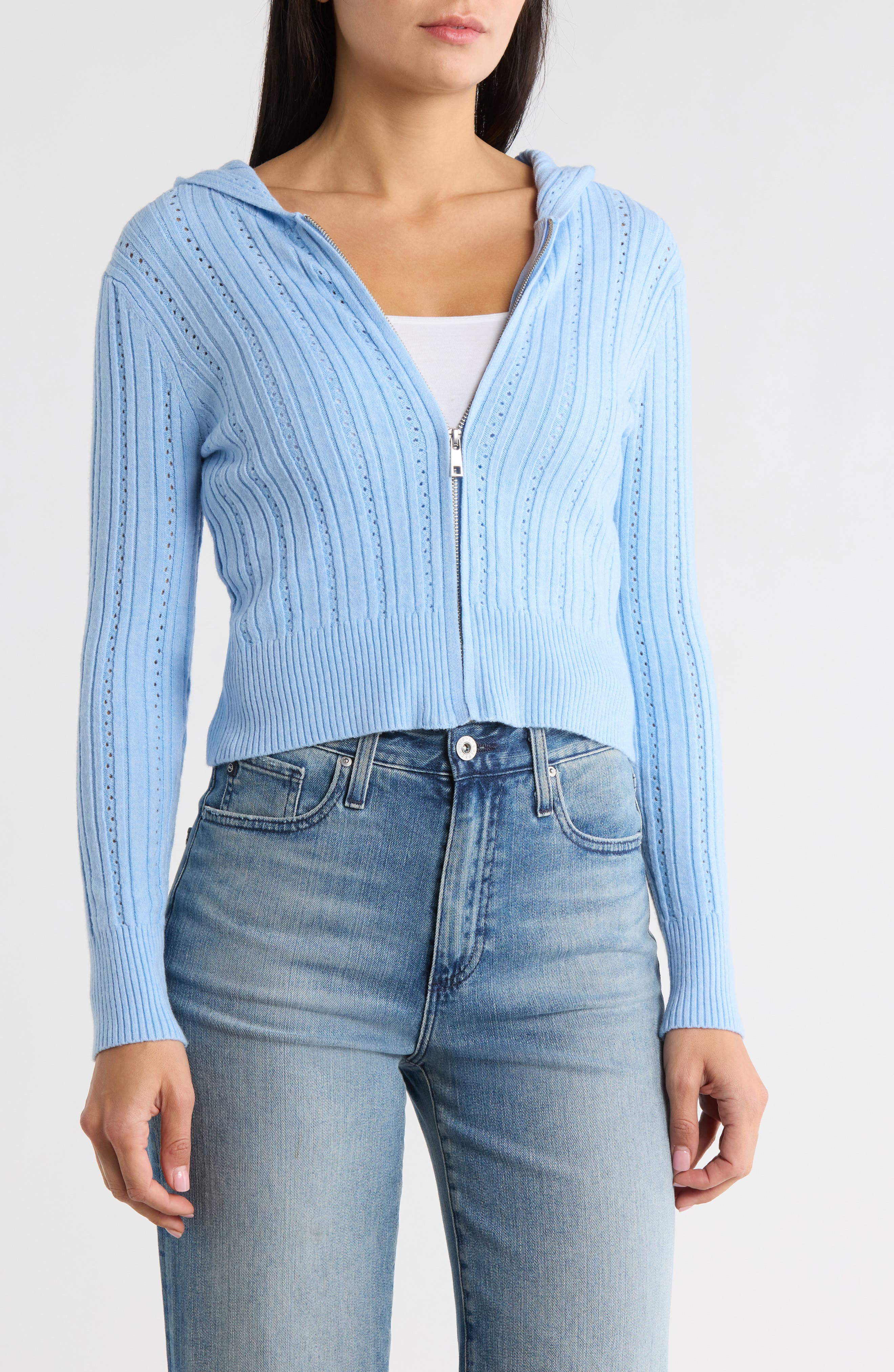 Madden Girl Wide Rib Pointelle Zip Hoodie