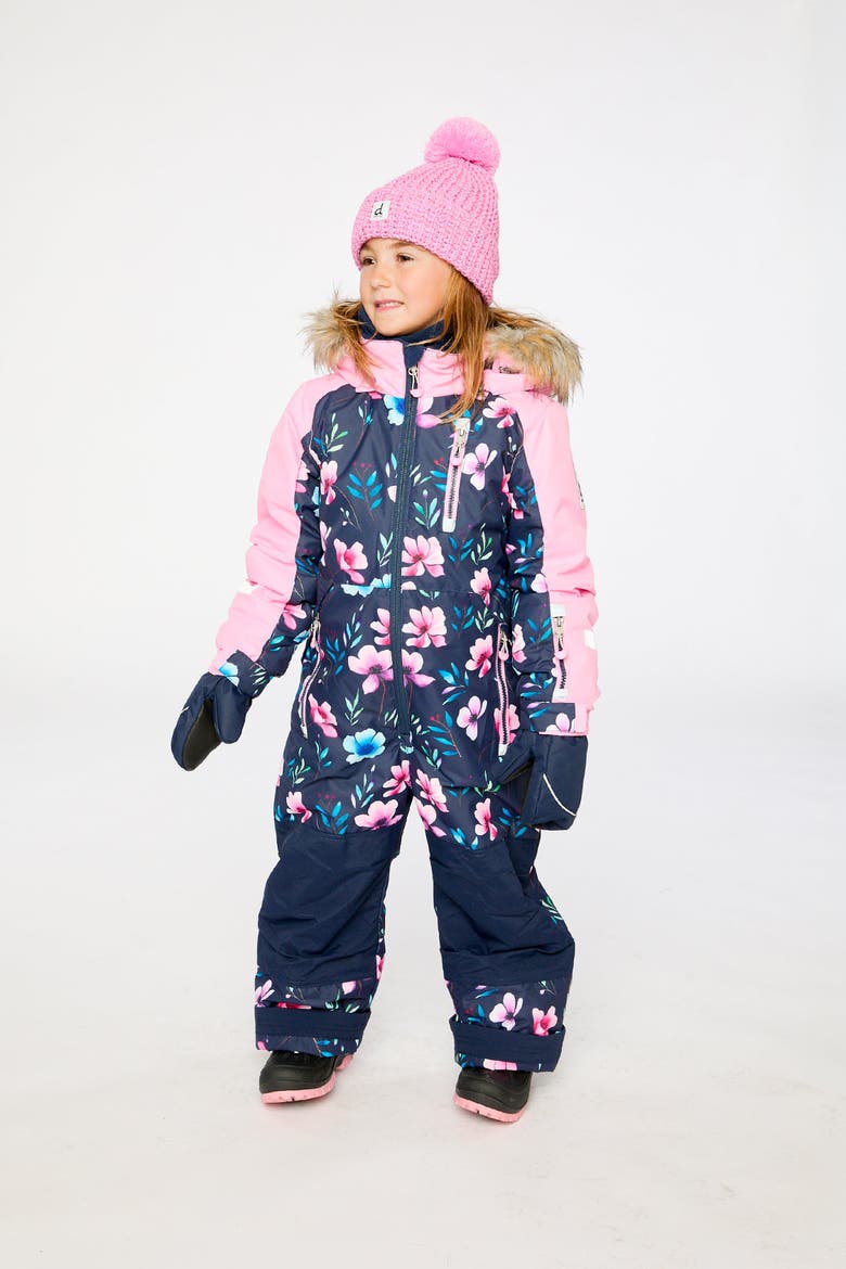 Play Floral Faux Fur Hood & One Piece Snowsuit, Alternate, color, Blue Floral Print