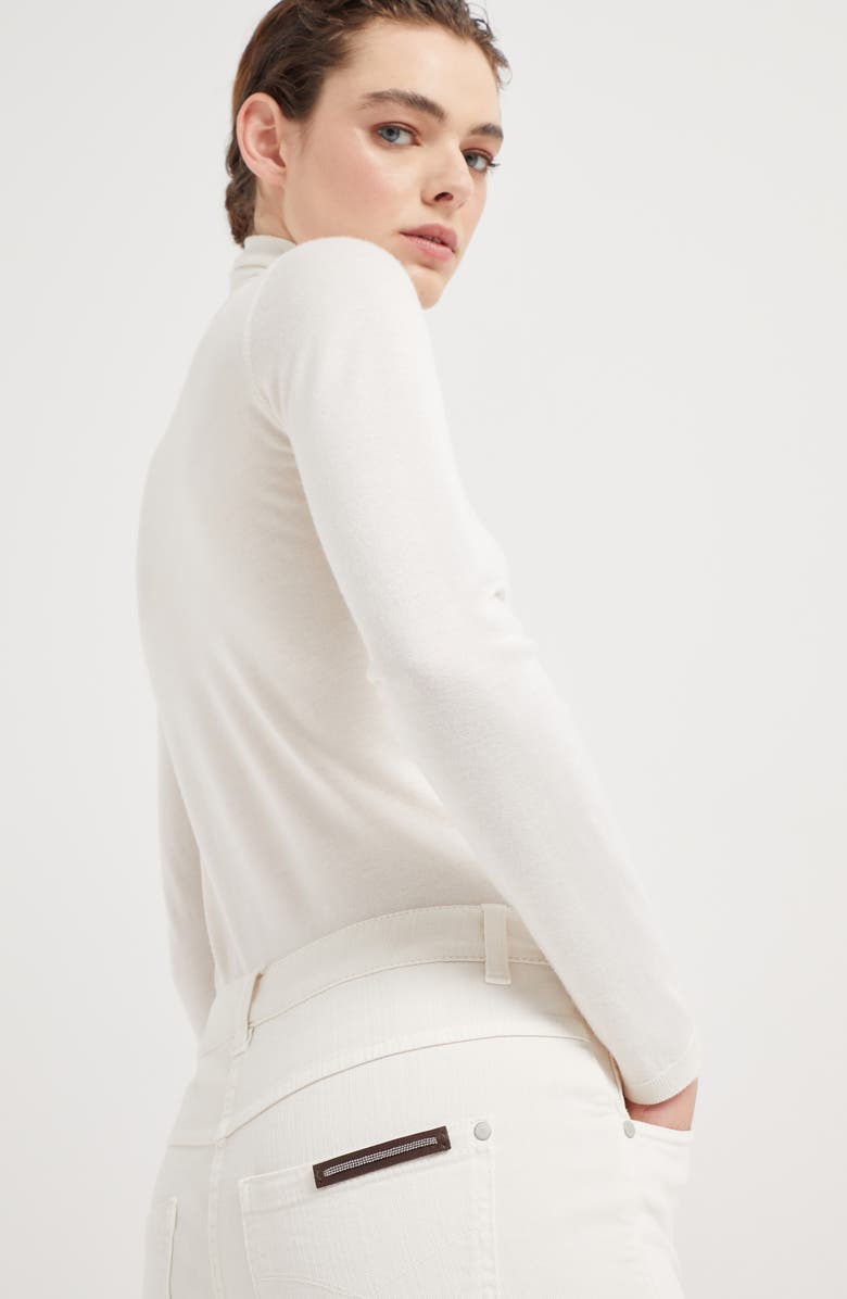 Brunello Cucinelli Stretch dyed denim slim trousers with shiny leather tab, Alternate, color, 