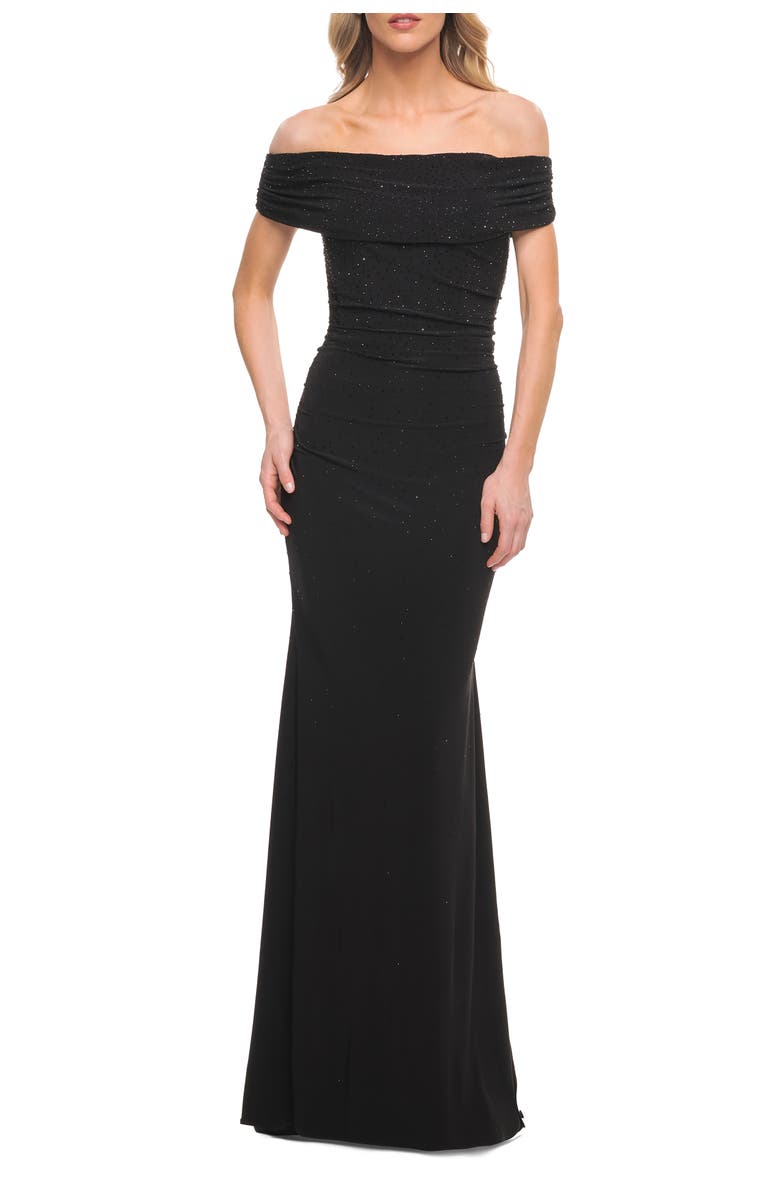 La Femme Beaded Long Jersey Off the Shoulder Gown, Main, color, Black