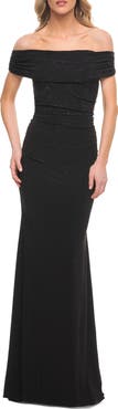 La Femme Beaded Long Jersey Off the Shoulder Gown