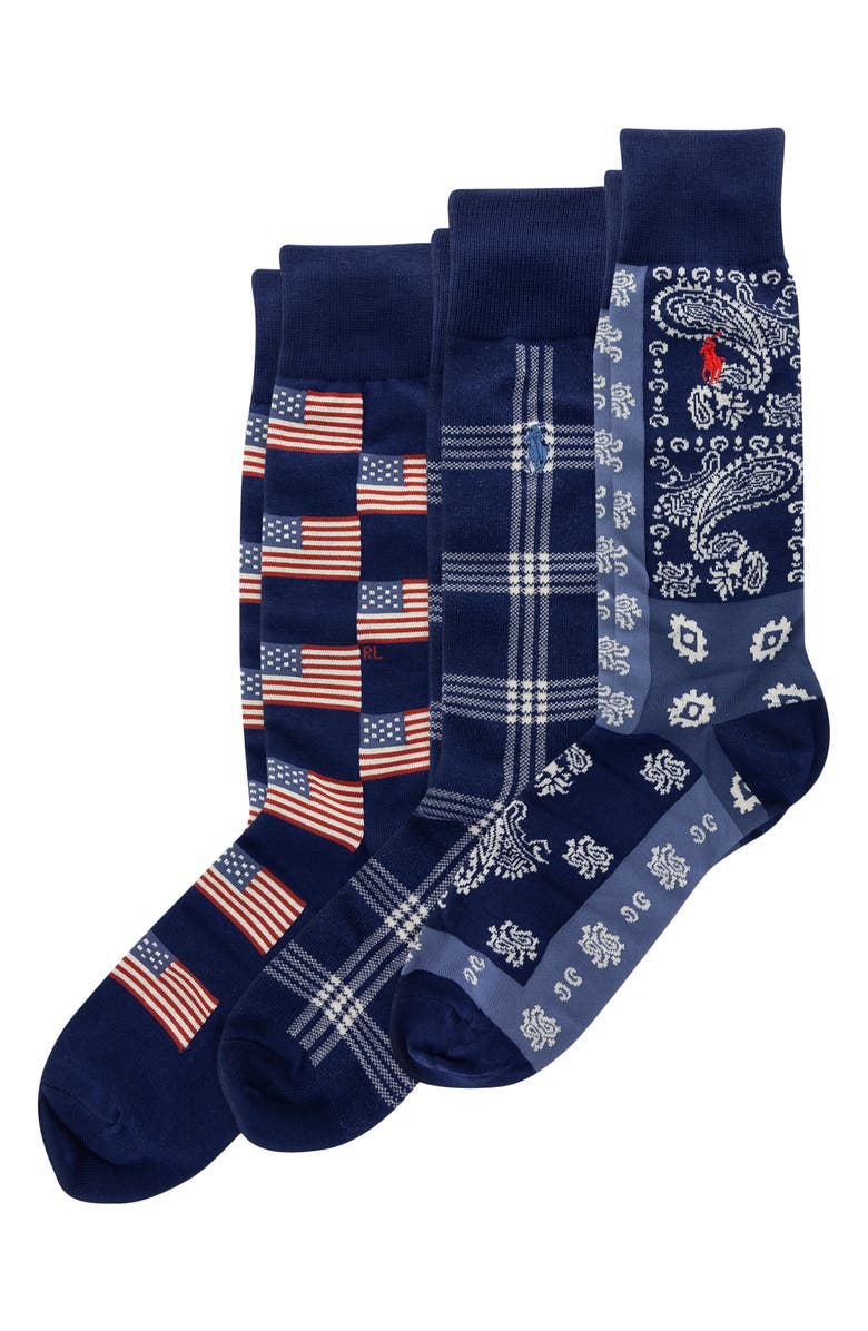 Polo Ralph Lauren Shirting Pattern Assorted 3-Pack Crew Socks, Main, color, Navy