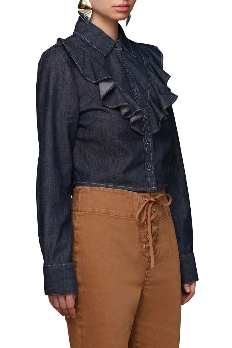 Ruffle Yoke Denim Button-Up Shirt, Alternate, color, MEDIUM BLUE WASH