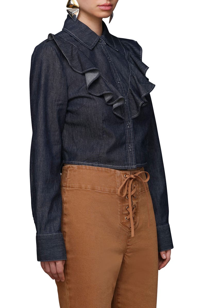 Avec Les Filles Ruffle Yoke Denim Button-Up Shirt, Alternate, color, Medium Blue Wash