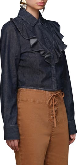 Ruffle Yoke Denim Button-Up Shirt