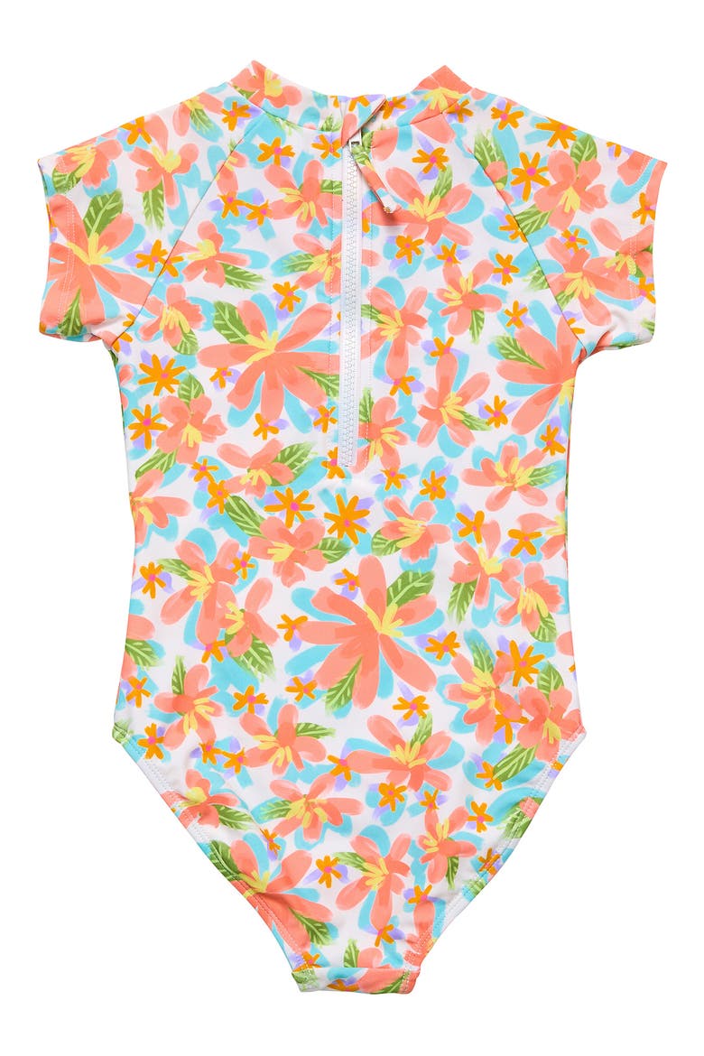 Kids' Floral Short Sleeve One-Piece Rashguard Swimsuit, Alternate, color, CORAL MULTI