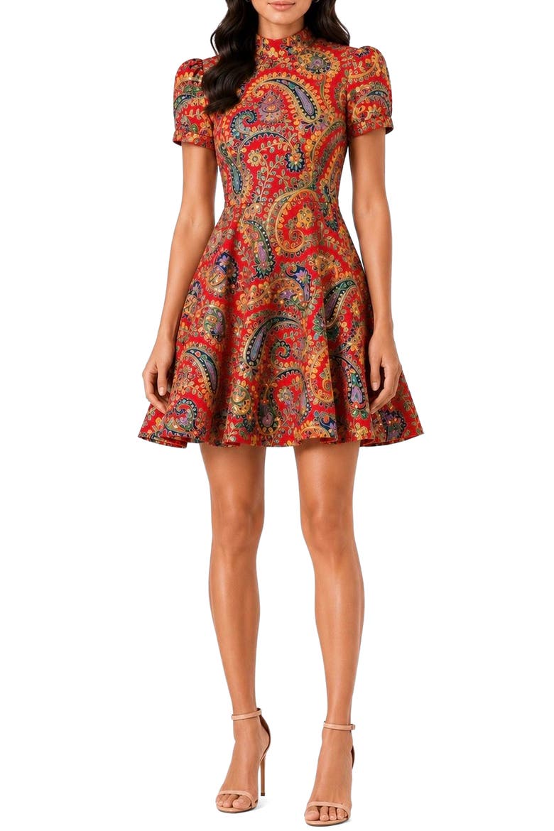 Nour Print Puff Sleeve Silk Minidress, Main, color, RED