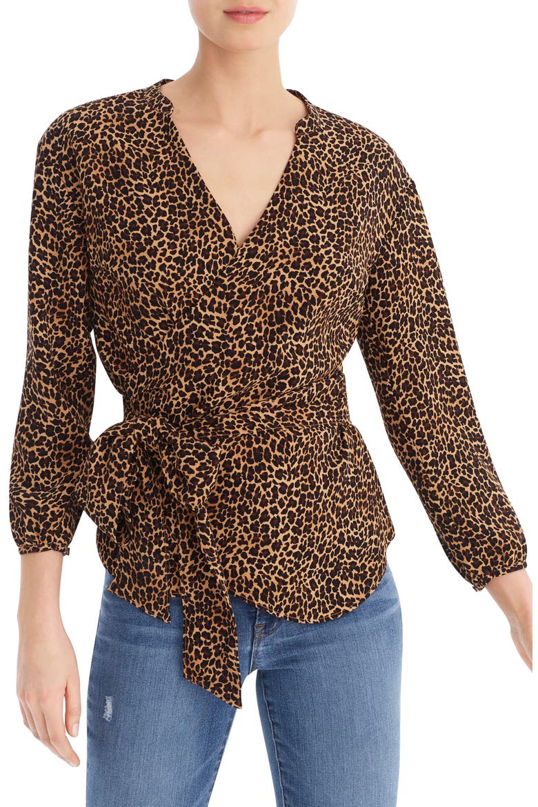 Sara Drapey Leopard Print Wrap Top, Main, color, BLACK TAN