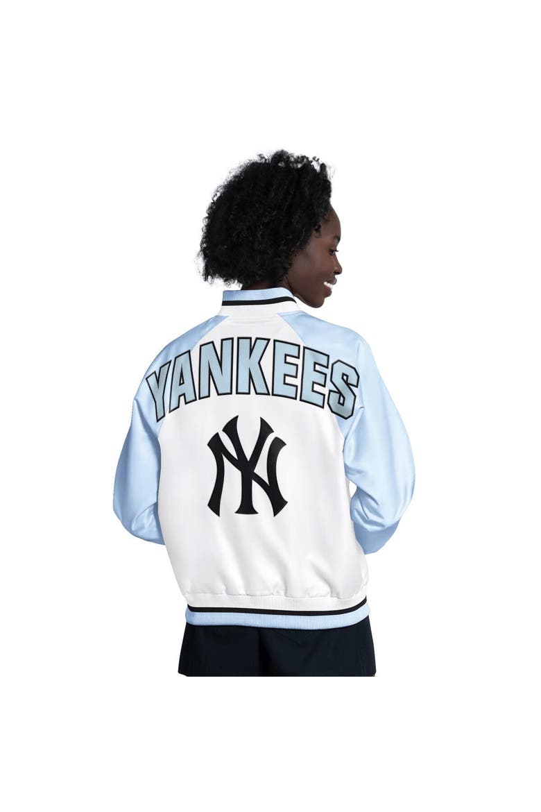 Women's Starter Light Blue/White New York Yankees Blitz Varsity Raglan Full-Snap Satin Jacket, Alternate, color, Light Blue