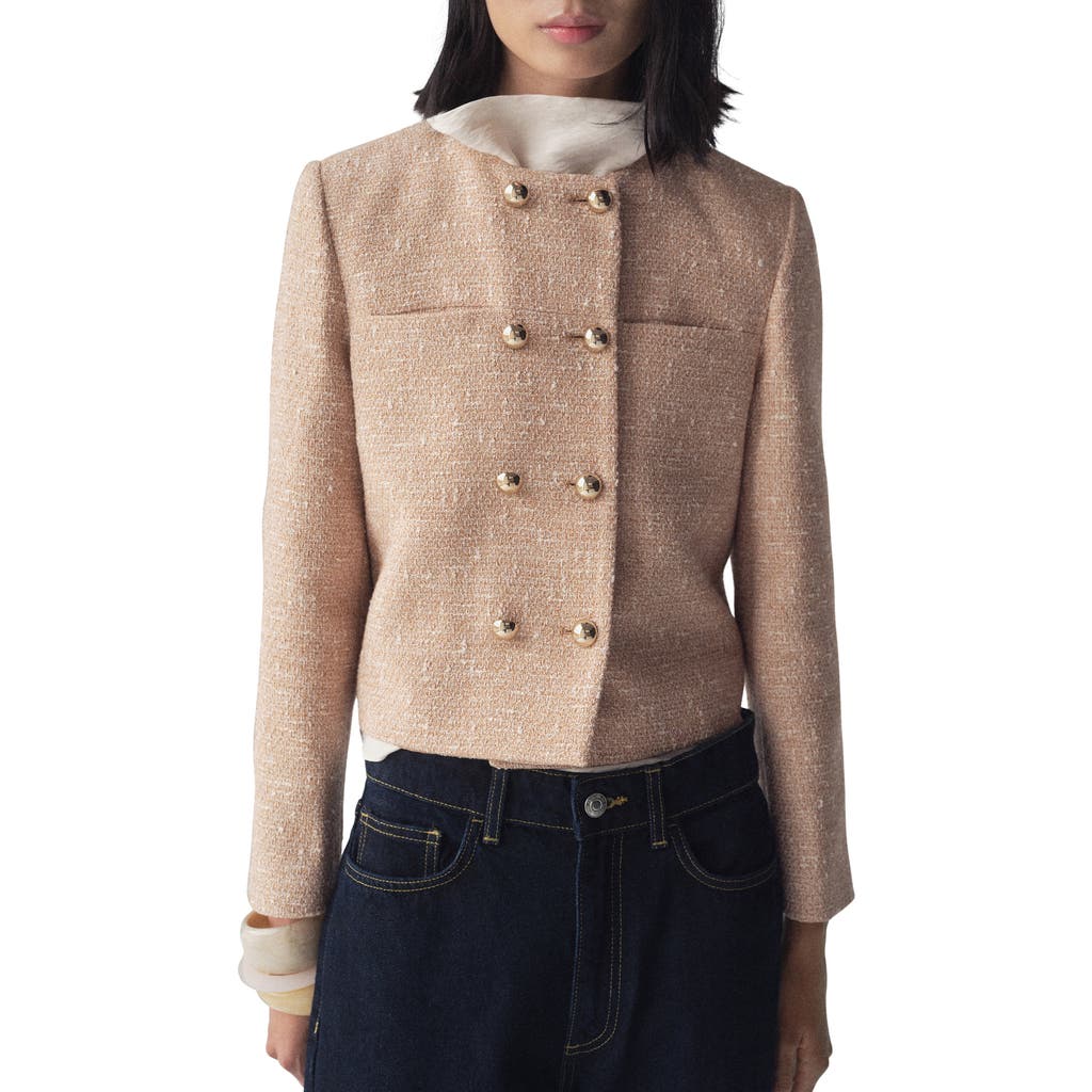 Mango Jade Cotton Blend Tweed Jacket In Medium Brown