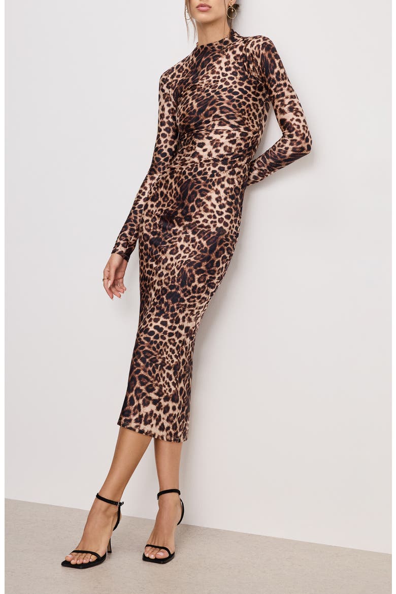 Funnel Neck Long Sleeve Body-Con Midi Dress, Main, color, FIERCE LEOPARD001