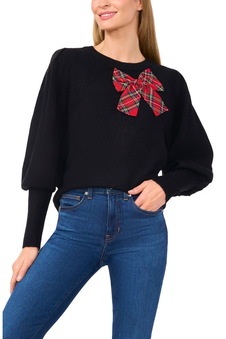 Plaid Bow Sweater, Main, color, RICH BLACK