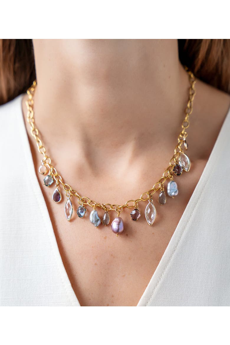 Colorful Gemstone and Pearl Charm Necklace, Alternate, color, Gold