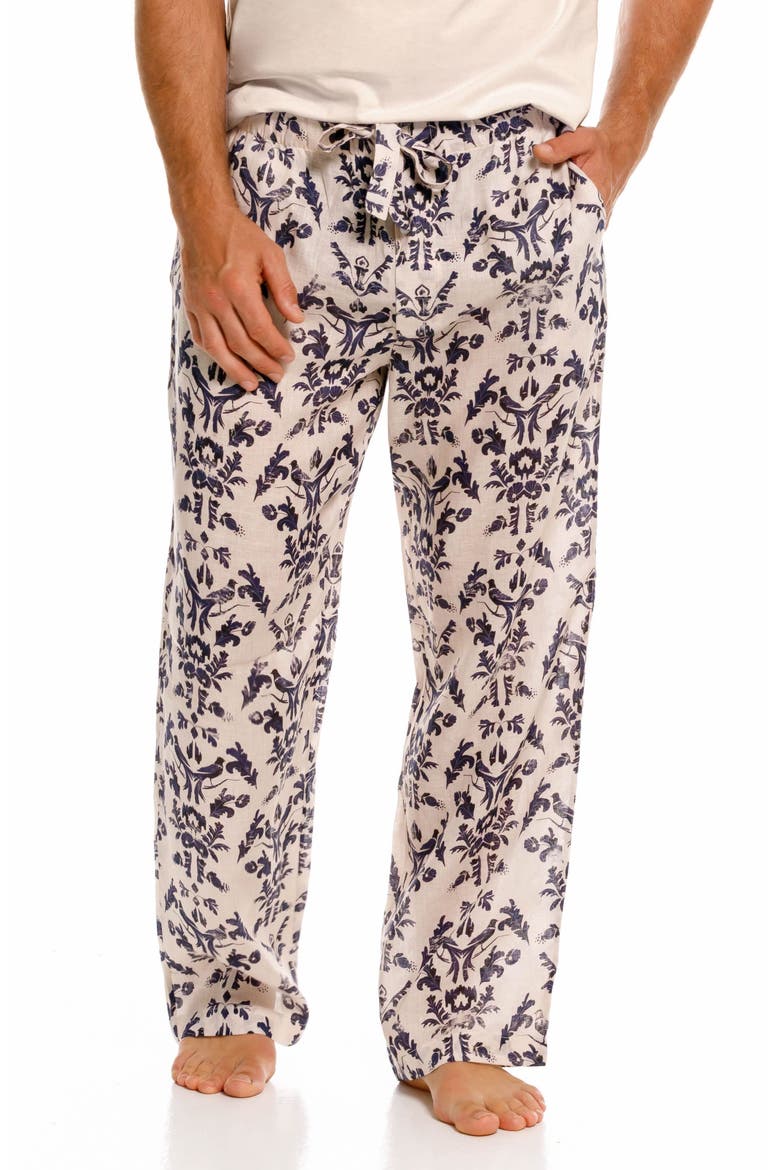 Drew Tapestry Blue Linen Pajama Pants, Main, color, WHITE