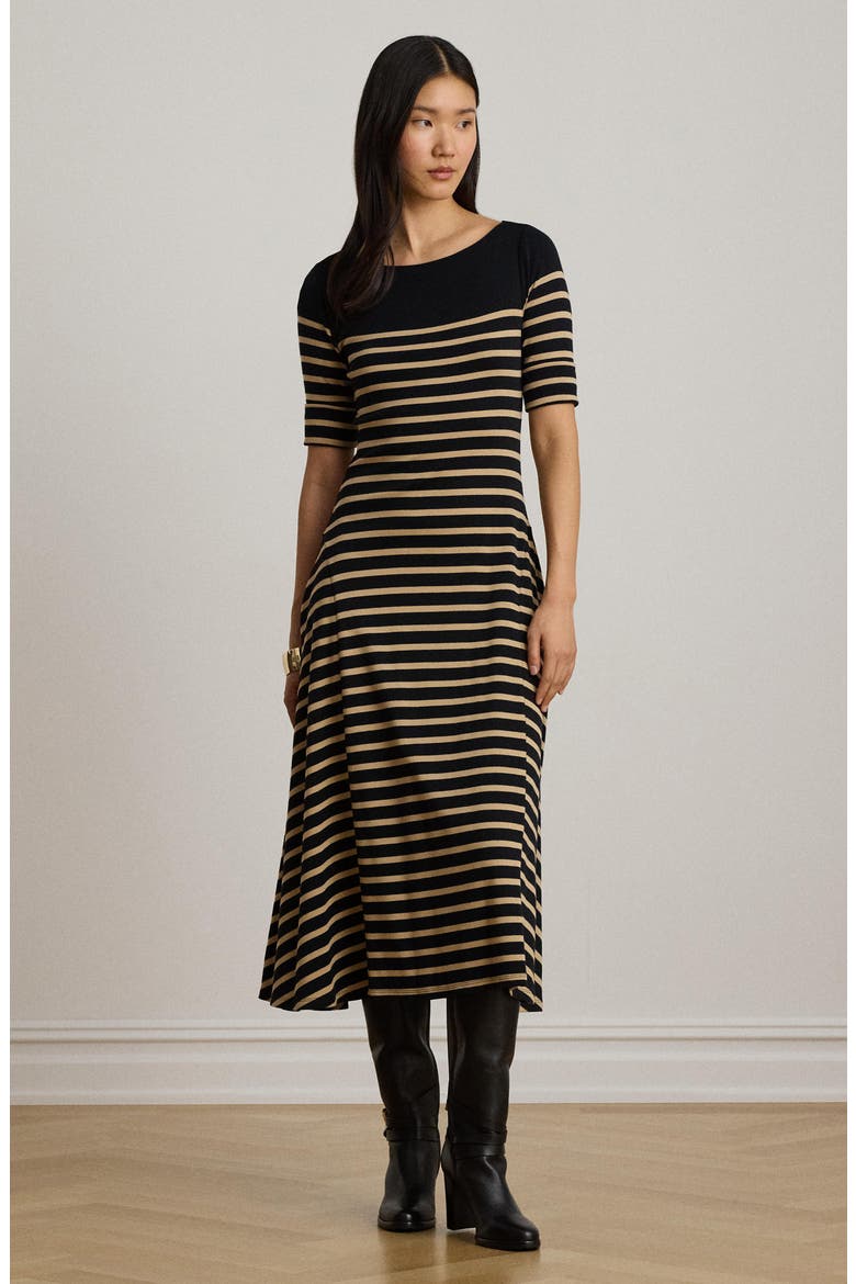 Striped Boat Neck Cotton Jersey Midi Dress, Alternate, color, BLACK/ BIRCH BEIGE