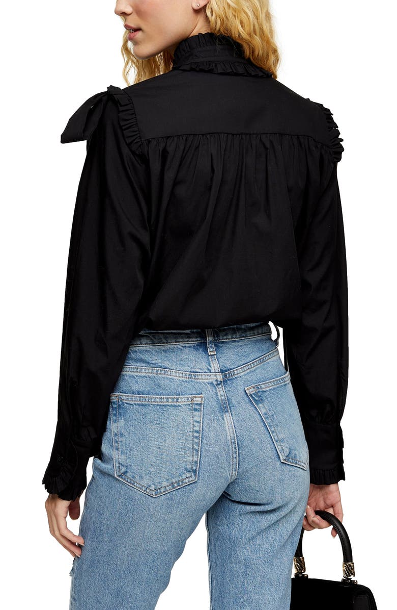 Topshop Poplin Ruffle Bow Blouse, Alternate, color,