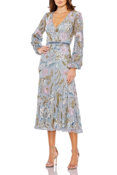 Elegant Long Cuff Sleeve Embellished Midi Dress