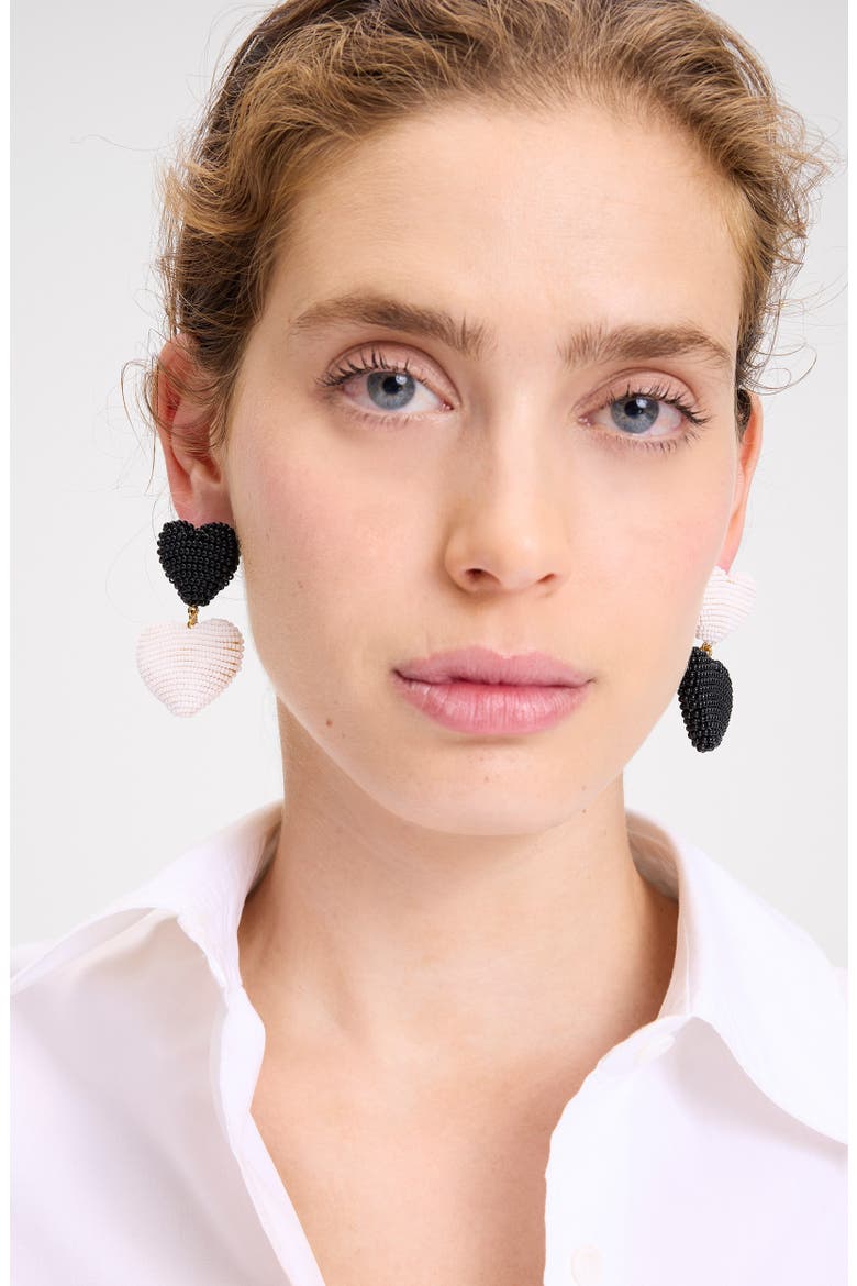 heart you beaded double drop earrings, Alternate, color, BLACK/ WHITE