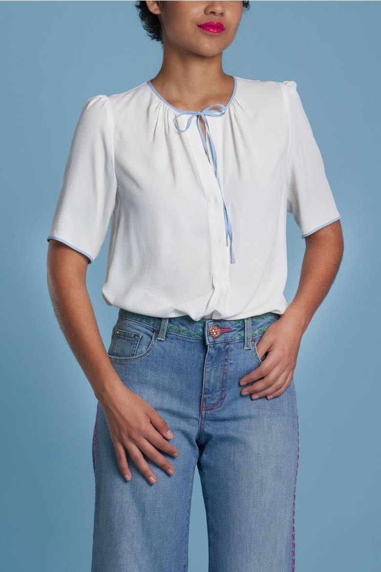 Half Sleeve Top With Bow Tie Detail, Alternate, color, Ecru Blue
