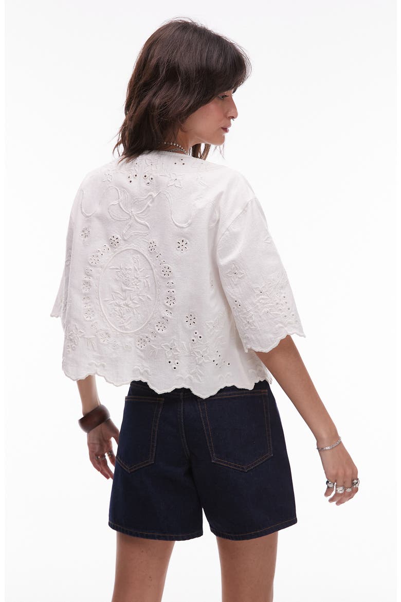 Cutwork Embroidered Eyelet Tie Front Cotton Shirt, Alternate, color, IVORY
