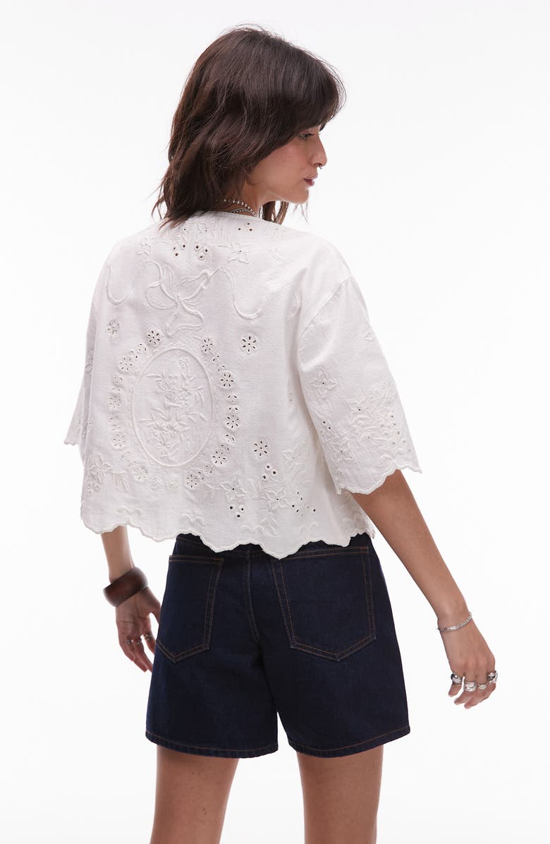 Topshop Cutwork Embroidered Eyelet Tie Front Cotton Shirt, Alternate, color, 