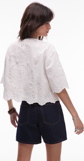 Cutwork Embroidered Eyelet Tie Front Cotton Shirt
