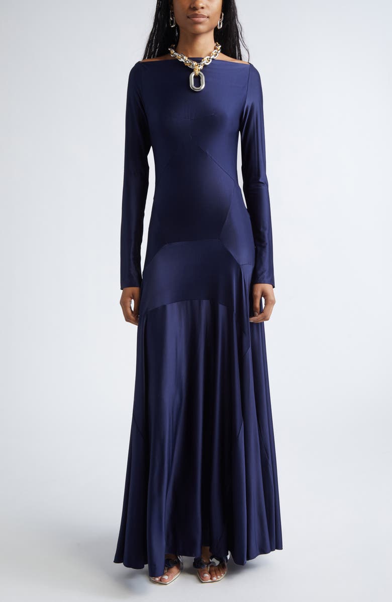 Rabanne Long Sleeve Godet Detail Jersey Maxi Dress, Main, color,